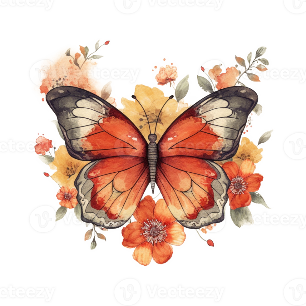 rétro floral papillon aquarelle art, génératif ai png