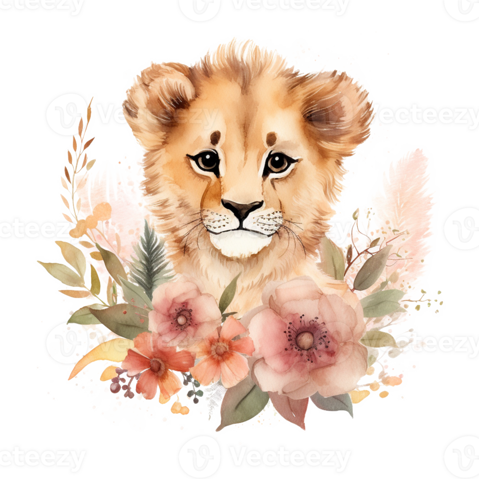 Lion Cub Floral Watercolor Art, png