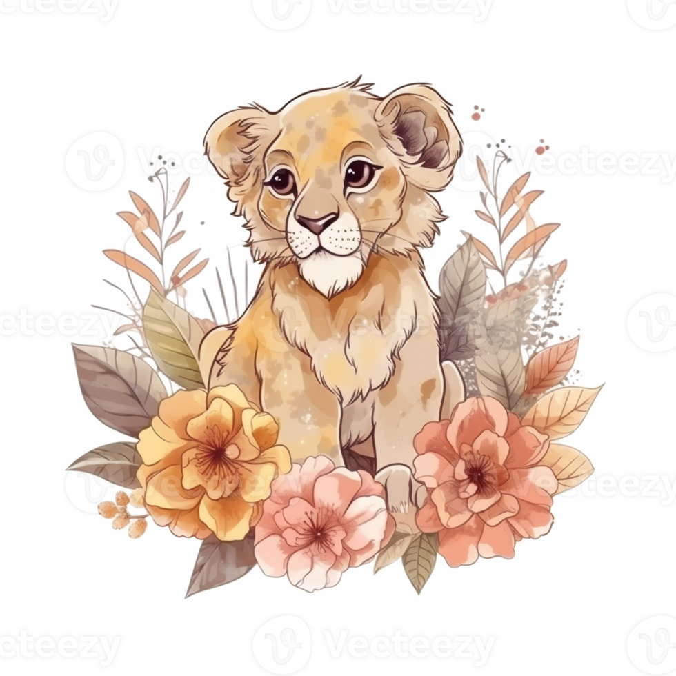 león cachorro floral acuarela arte, generativo ai png