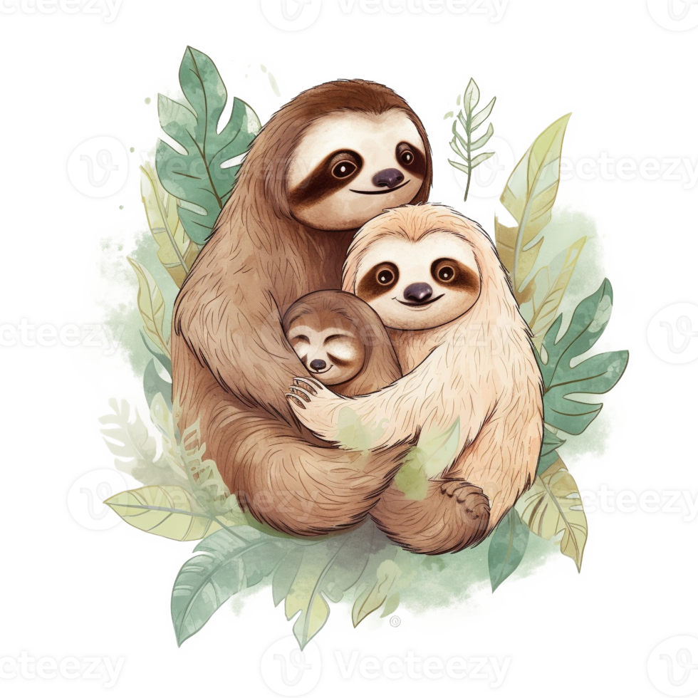 Sloth Mom and Baby Watercolor Art, png