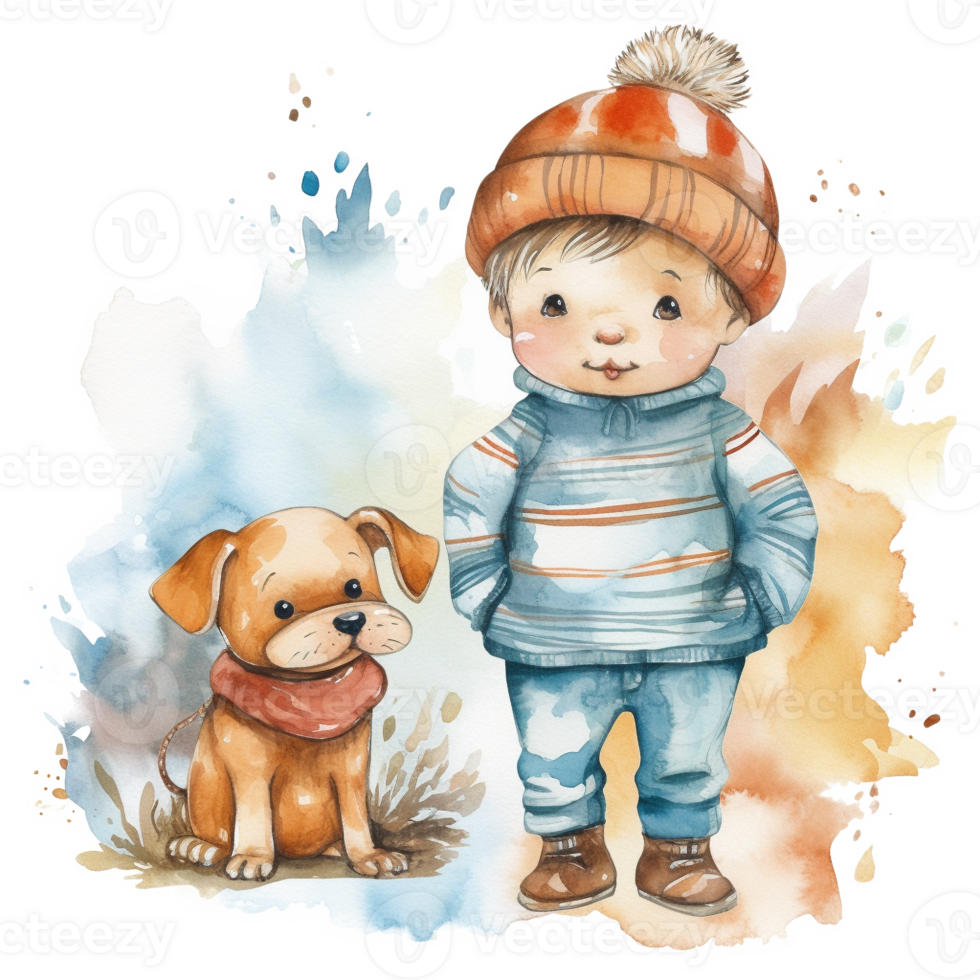 Watercolor Cute Baby Boy and Dog Sublimation Design, png