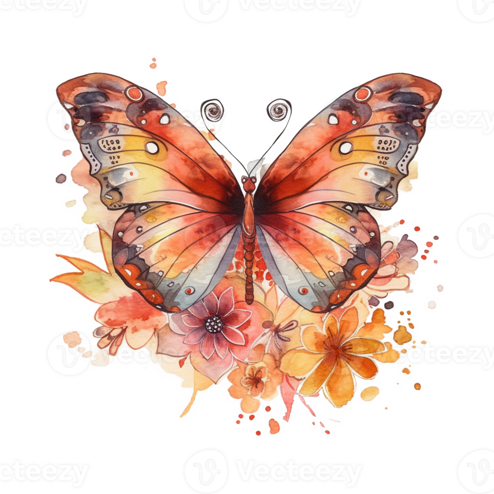 Retro Floral Butterfly Watercolor Art, png