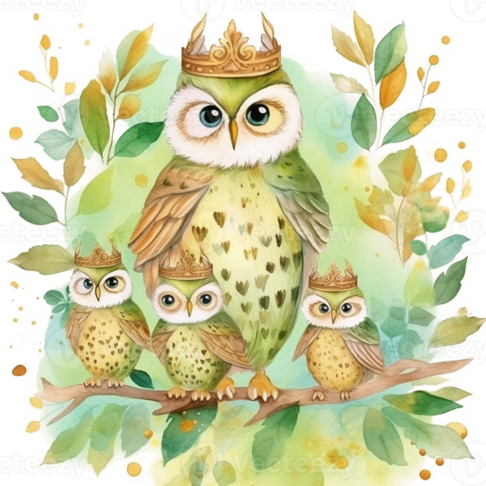 Royel Owl Family Watercolor Art, png