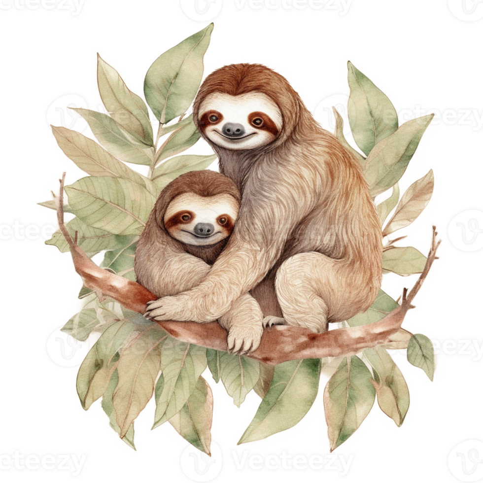 Sloth Mom and Baby Watercolor Art, png