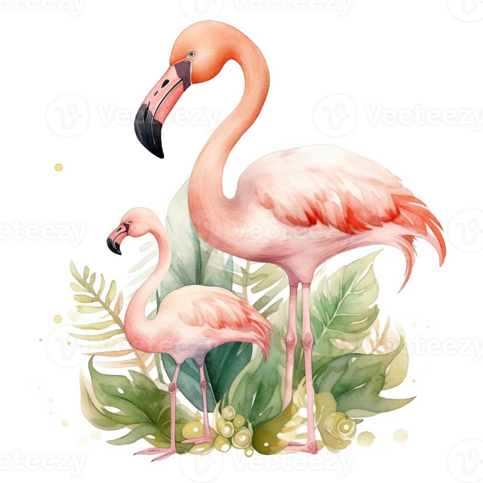 mamma och bebis flamingo vattenfärg konst, generativ ai png