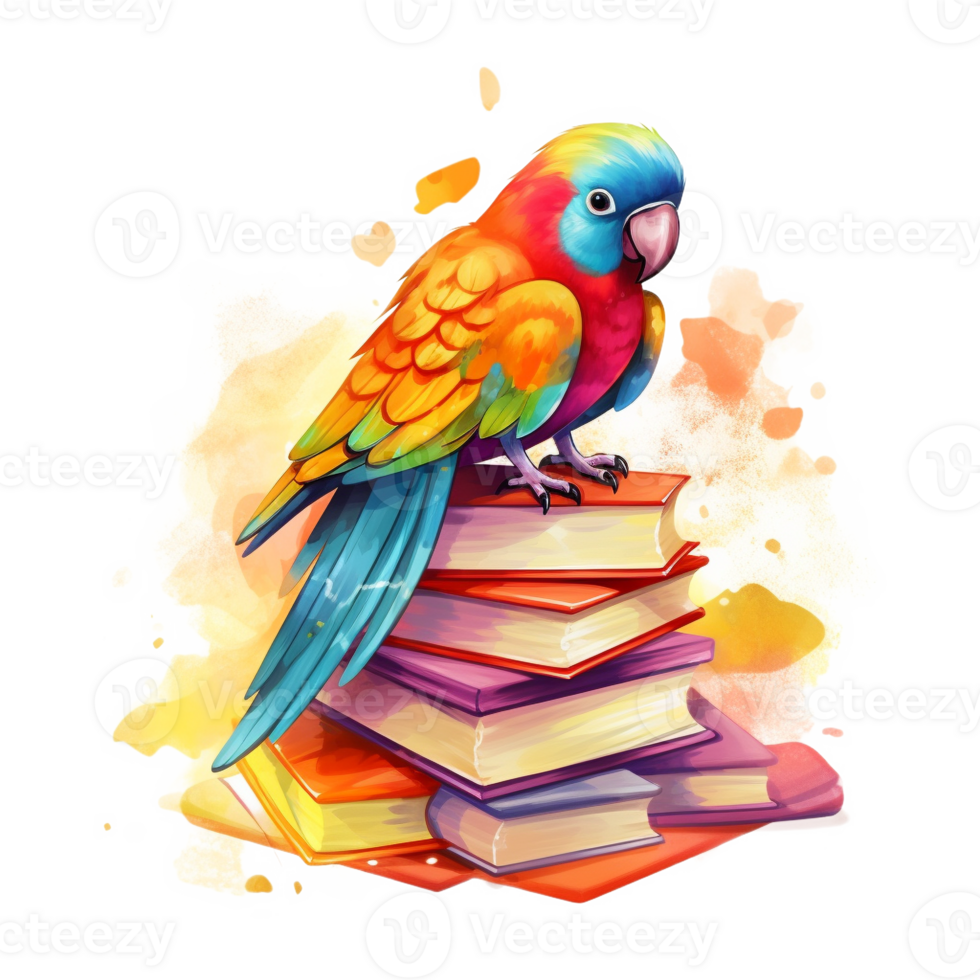Cute Parrot on Books Watercolor Art, png