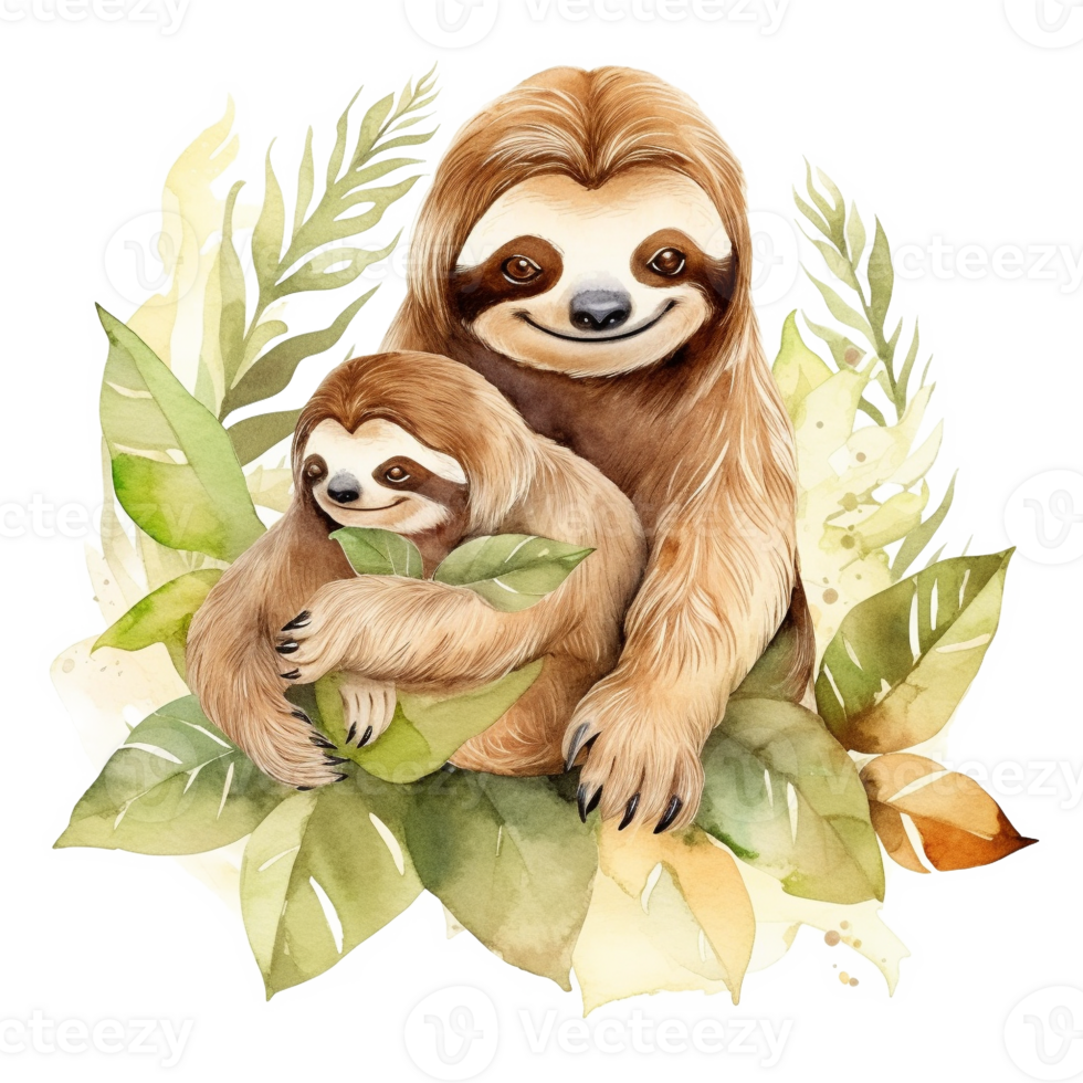 Sloth Mom and Baby Watercolor Art, png