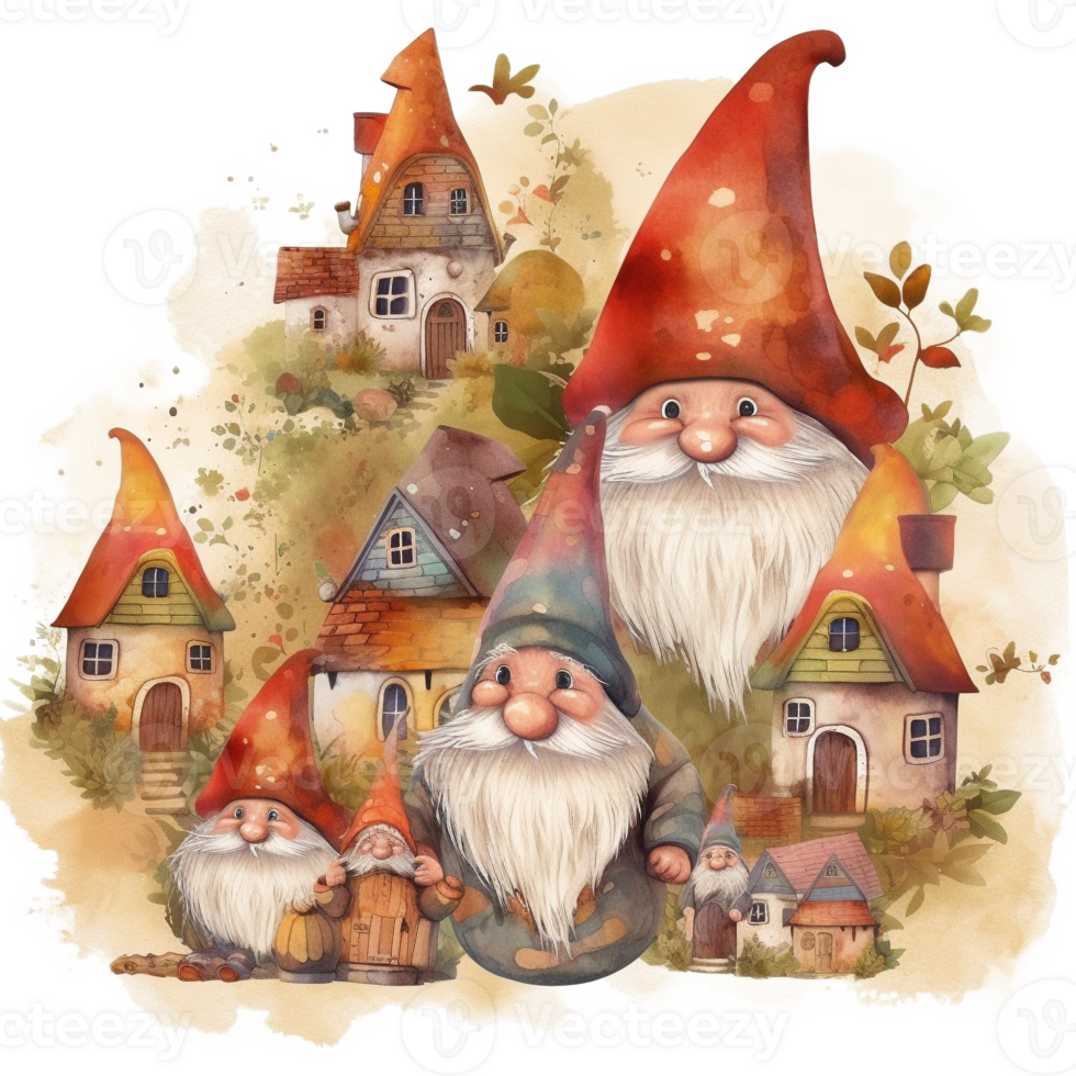 content gnome village aquarelle art, génératif ai png