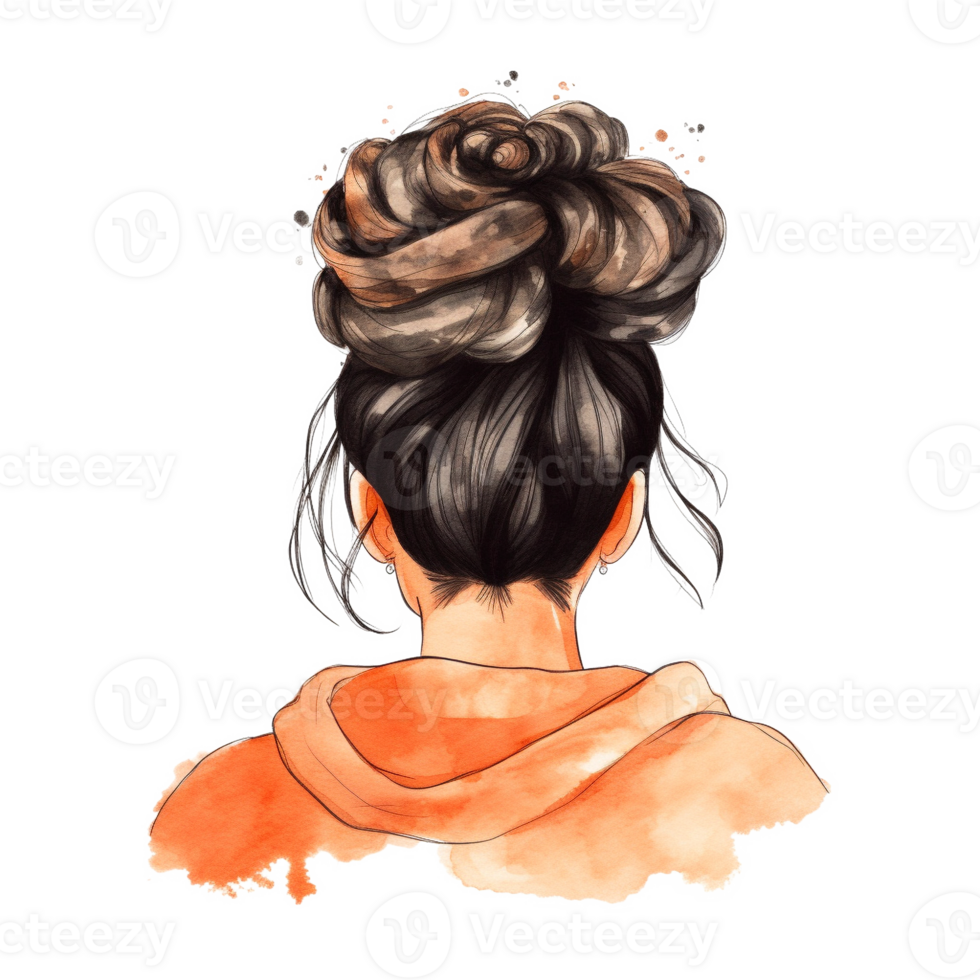 désordonné chignon vacances noir cheveux aquarelle art, génératif ai png