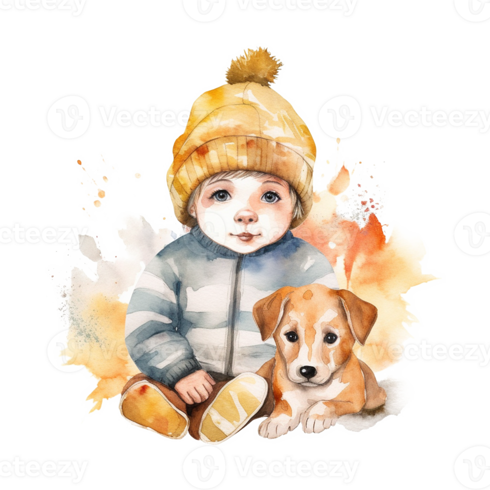 aquarelle mignonne bébé garçon et chien sublimation png conception, génératif ai