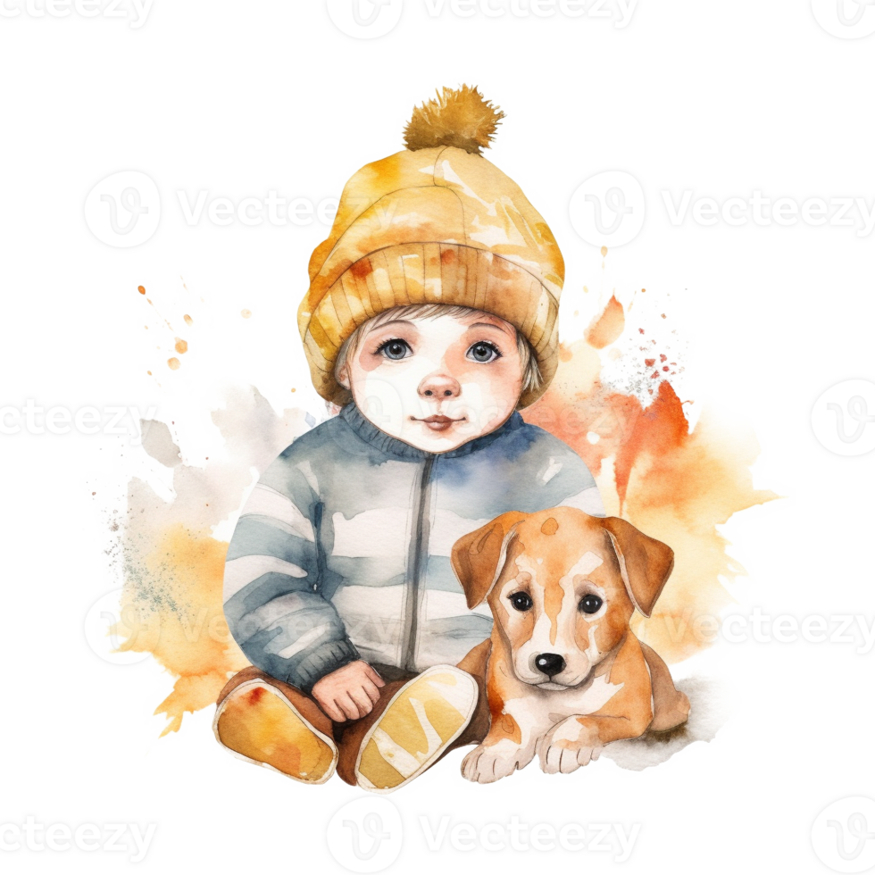 Watercolor Cute Baby Boy and Dog Sublimation Design, png