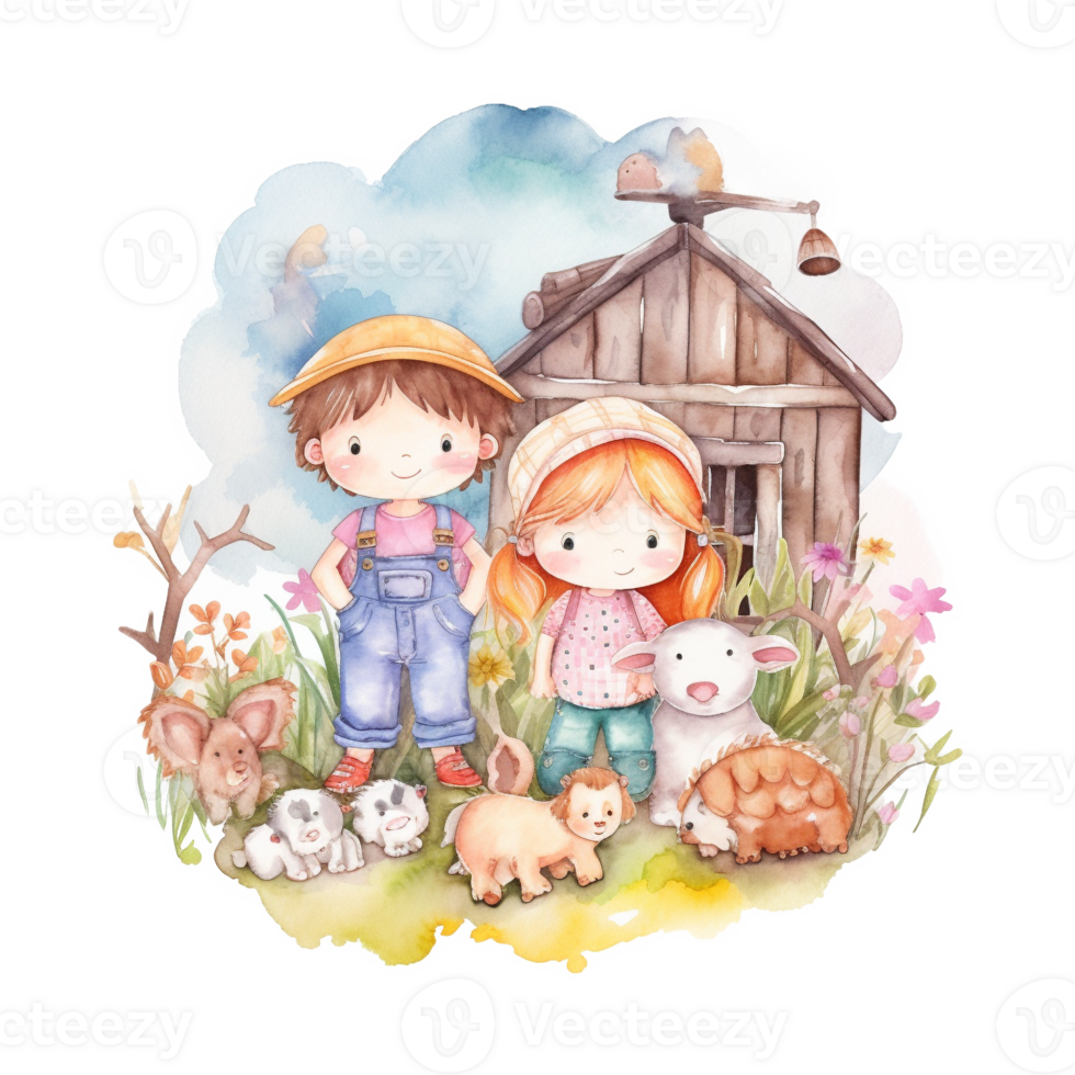 Cute Kids on The Farm Watercolor Art, png