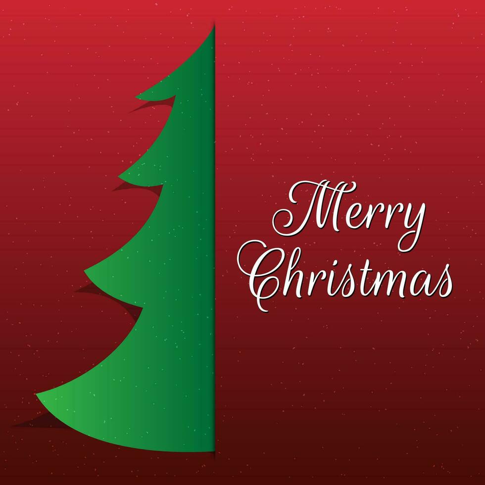 Merry Christmas celebration greeting card design with paper cut style xmas tree on red background. vector