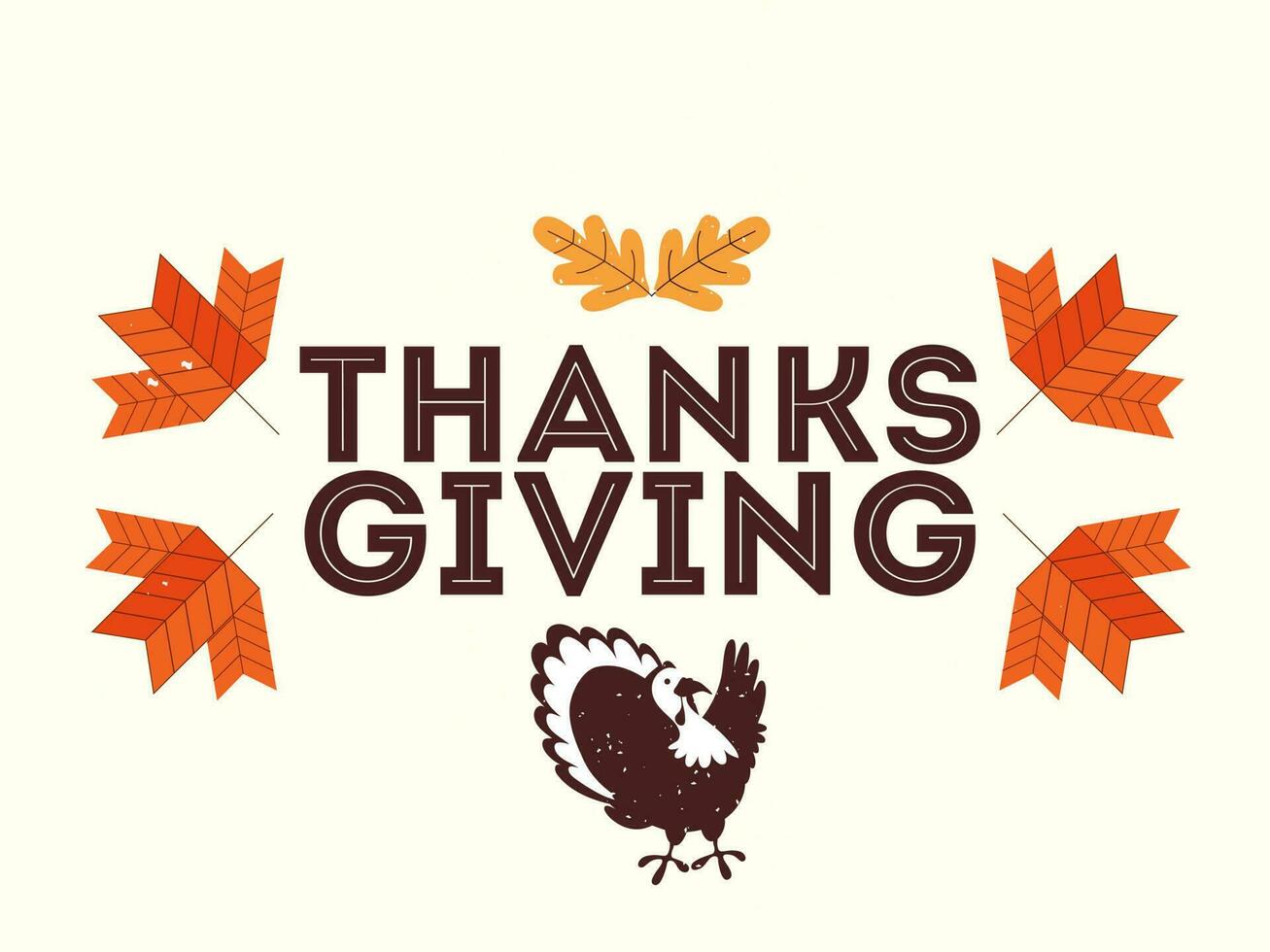 Typography of Thanksgiving with turkey bird and autumn leaves decorated on white background. Can be used as greeting card design. vector