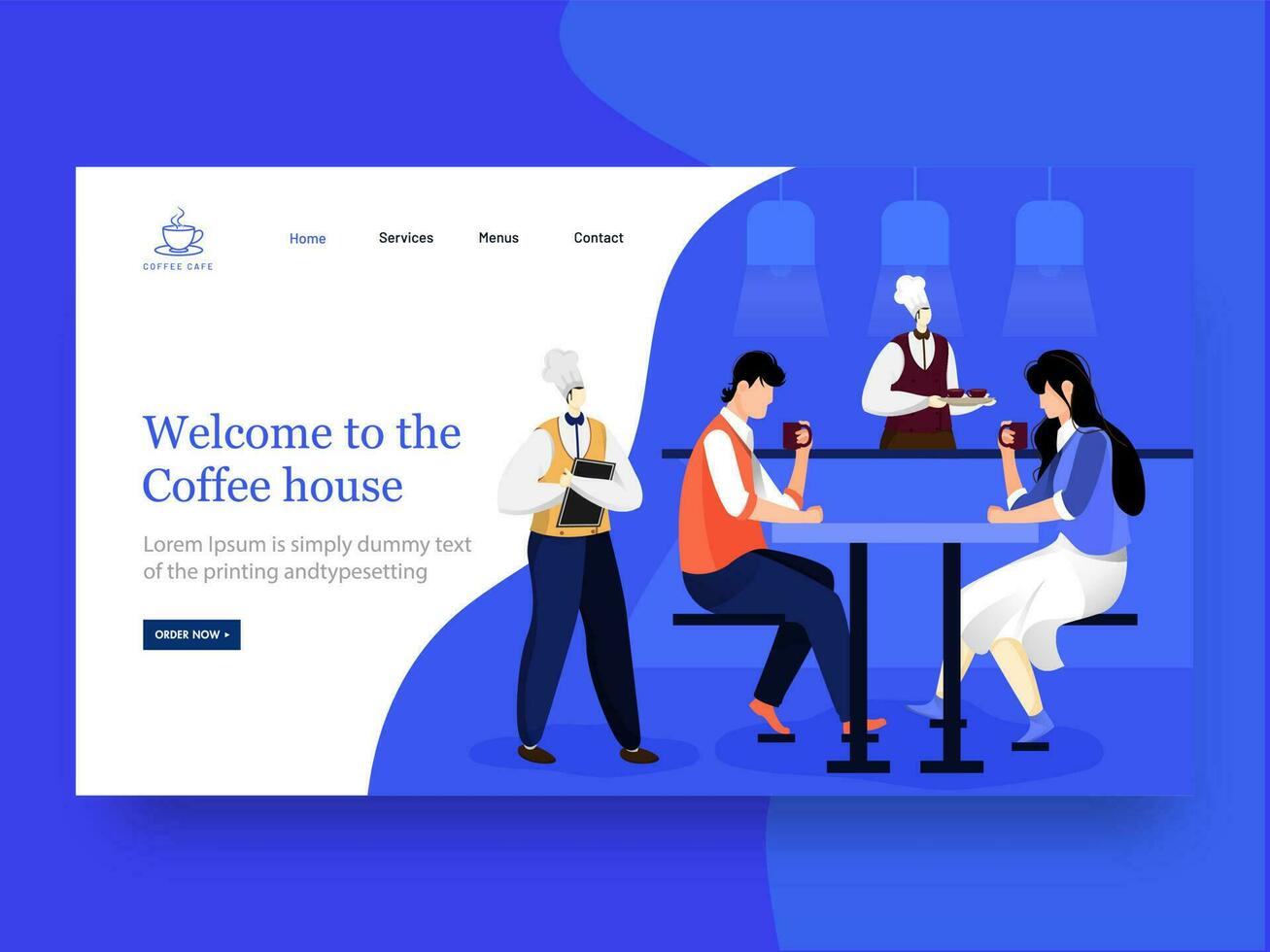 Web landing page design with chef serving, young boy and girl drinking coffee at Coffee Shop. vector