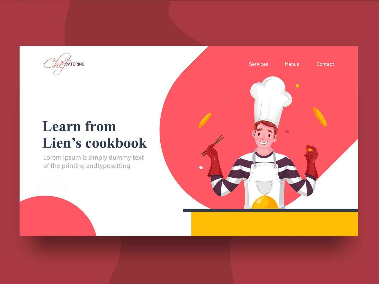 Learn from lien's cookbook landing page design with chef character presenting food cloche on table. vector