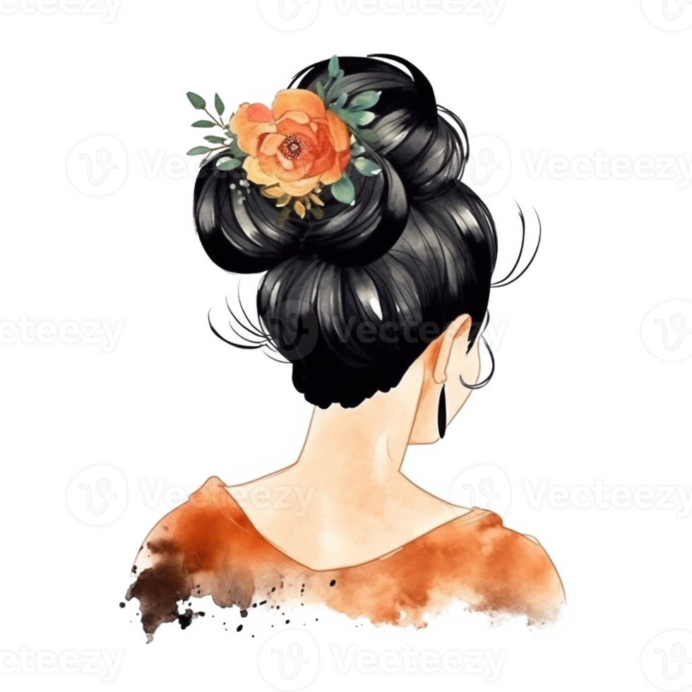 messy Bun Holyday Black Hair watercolor Art, png