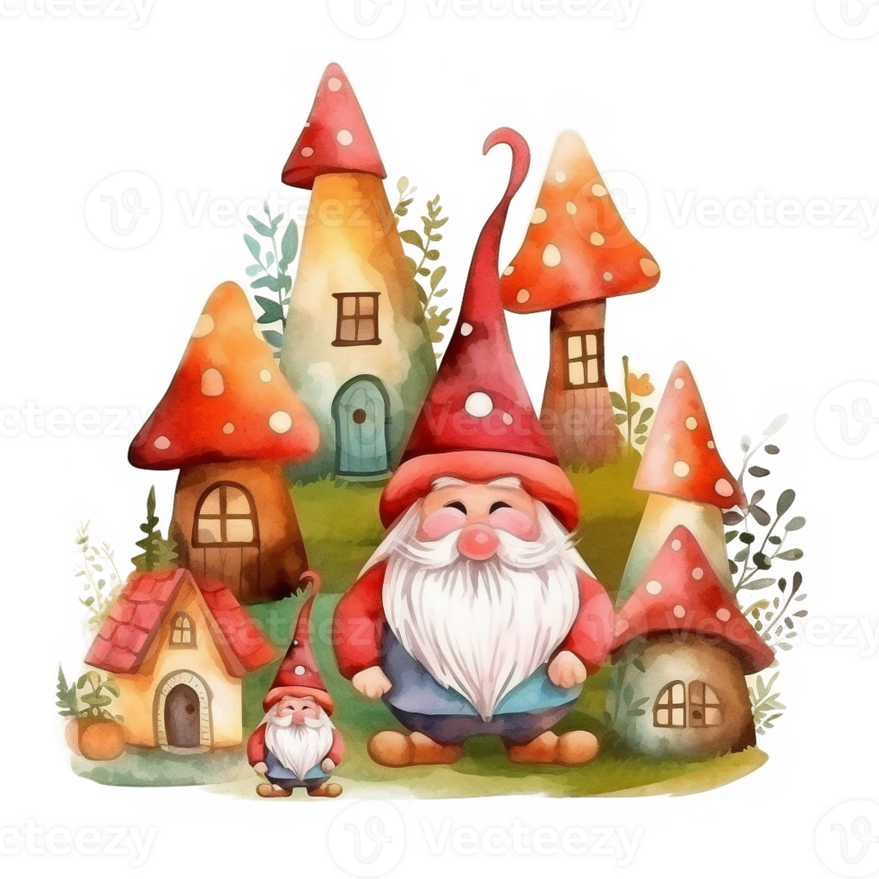 Happy Gnome Village Watercolor Art, png