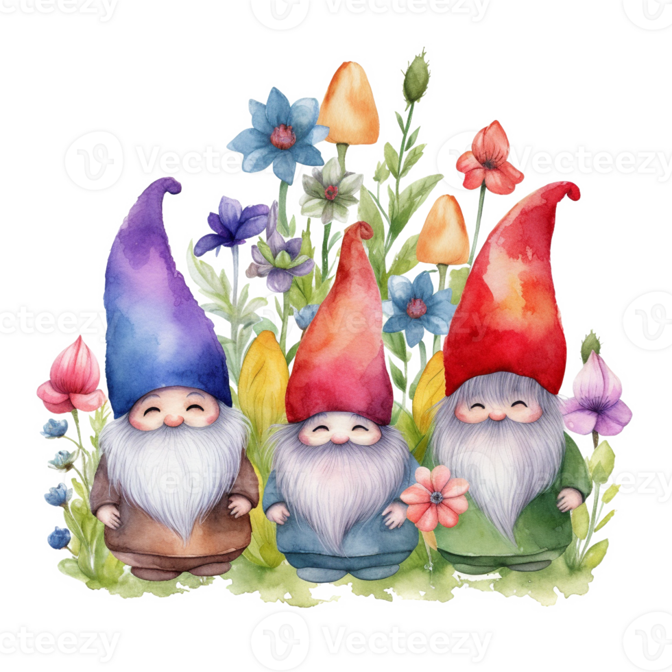 mignonne printemps fleur gnomes aquarelle art, génératif ai png