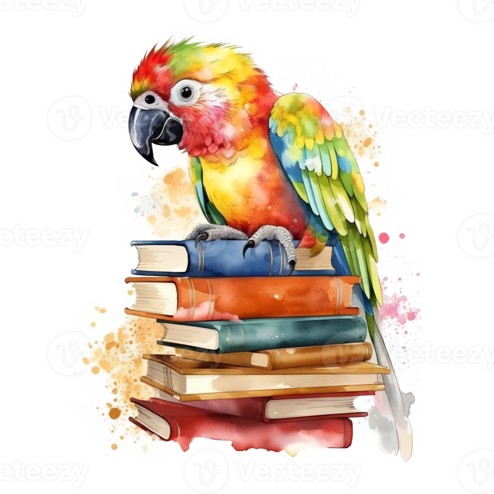 Cute Parrot on Books Watercolor Art, Generative AI 23958382 PNG