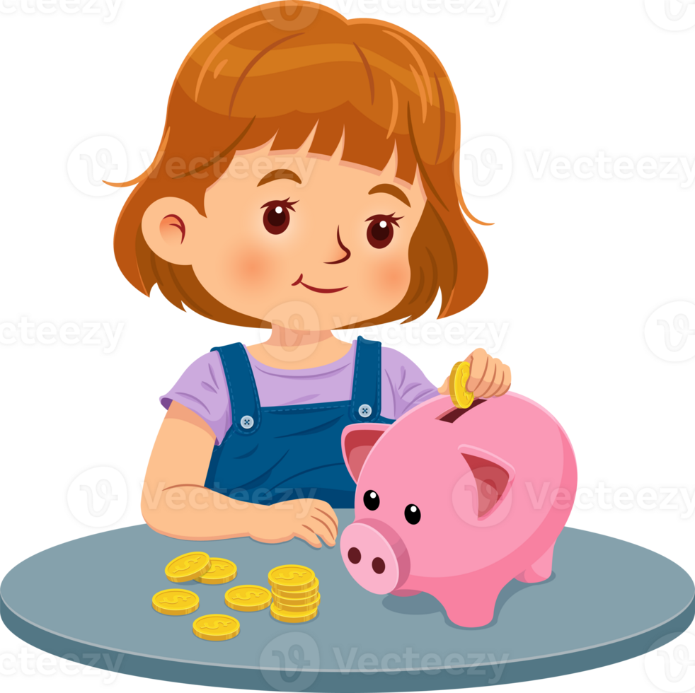 Cute little girl putting coins into a piggy bank. The concept of saving money and planning finance png