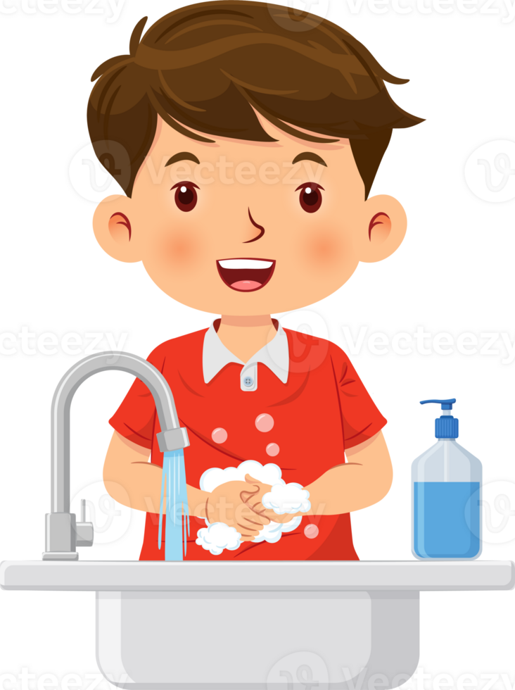 Cute little boy wash his hands in the sink with soap for cleanliness and healthcare png