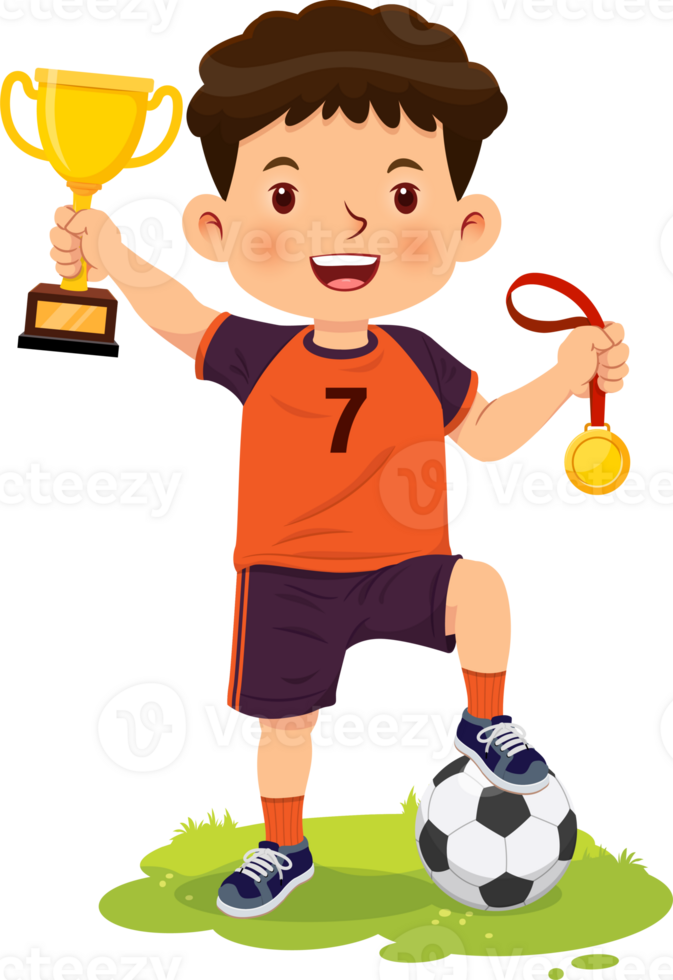 Happy smiling boy stands holding gold medal and trophy from winning football games png