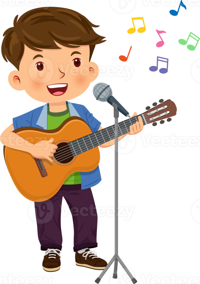 Happy cute boy is playing the guitar and singing into a microphone. Children playing music concepts png