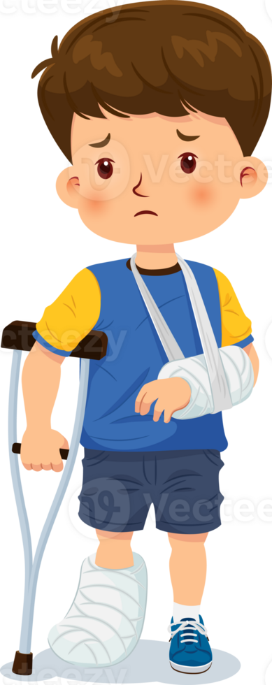 Little boy injured a broken arm and leg, had to be cast, and used on crutches png