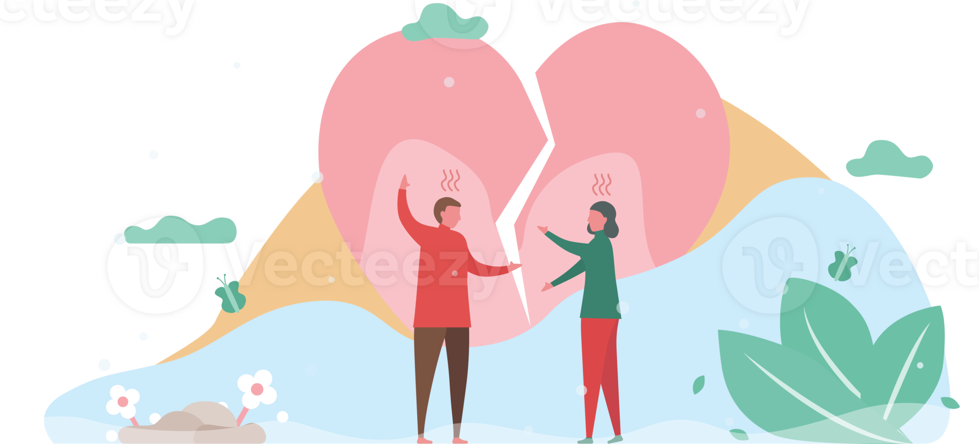 Man argues with woman in the park. Couple of love design for winter season. Vector illustration in flat style. png