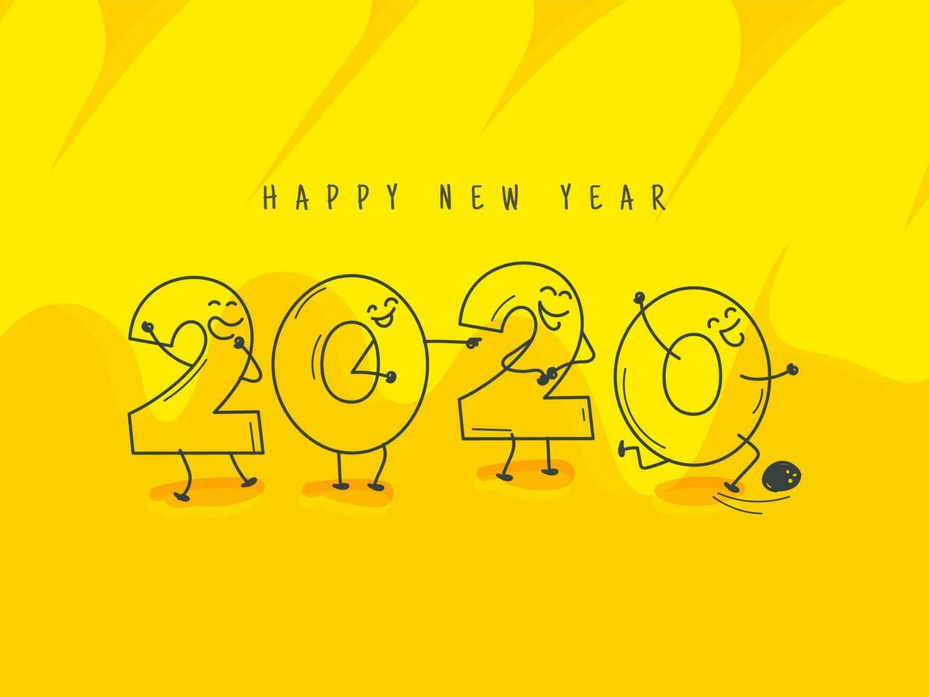 Funny cartoon number of 2020 on yellow background for Happy New Year celebration. Can be used as greeting card design. vector