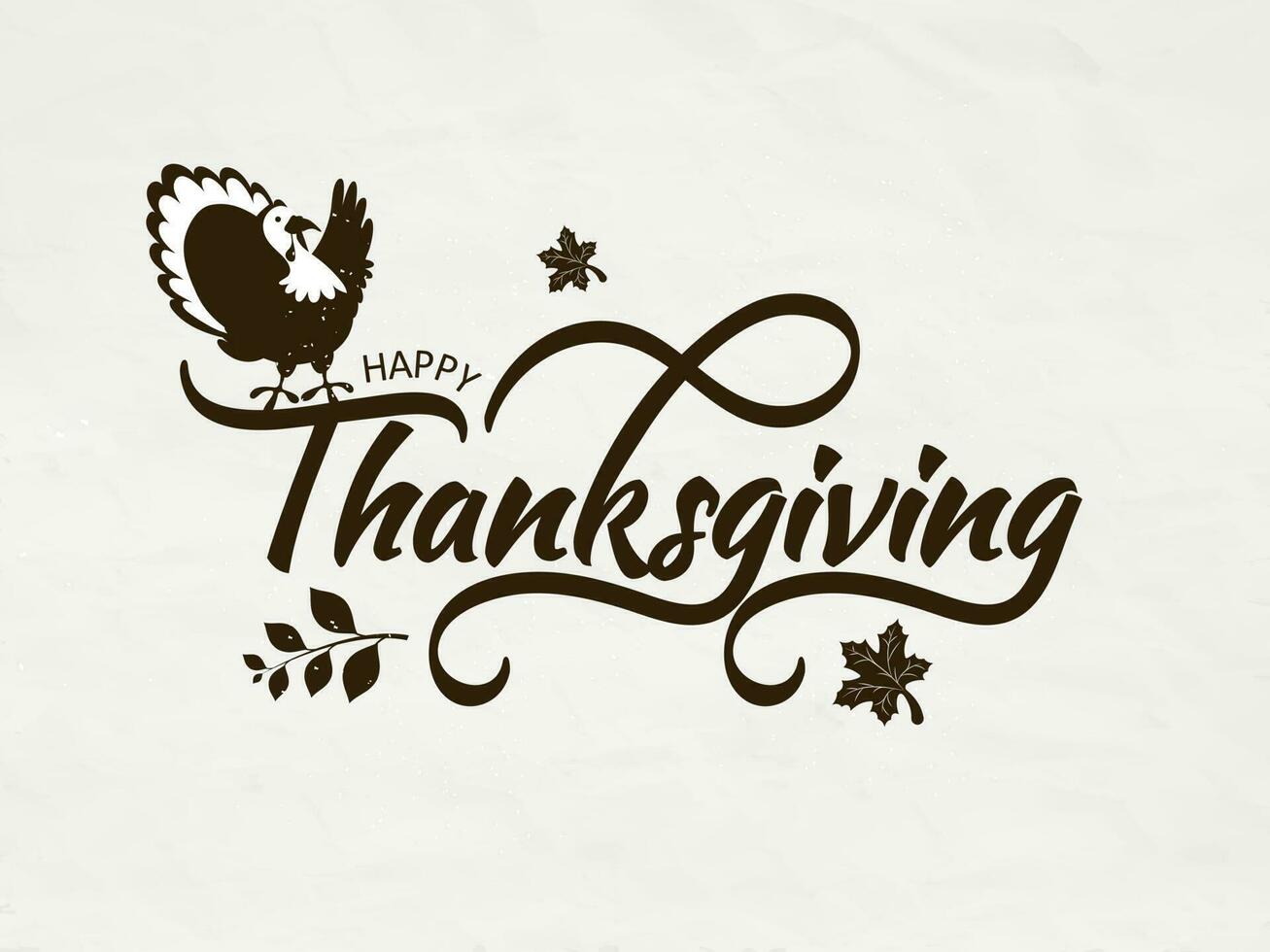 caligrafía de contento acción de gracias con Turquía pájaro y otoño hojas en blanco antecedentes lata ser usado como saludo tarjeta diseño. vector