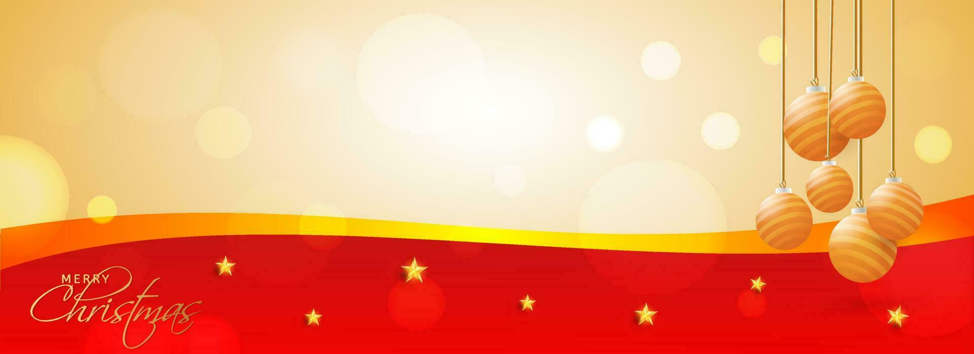 Merry Christmas celebration header or banner design with hanging baubles and stars decorated on bokeh effect background. vector