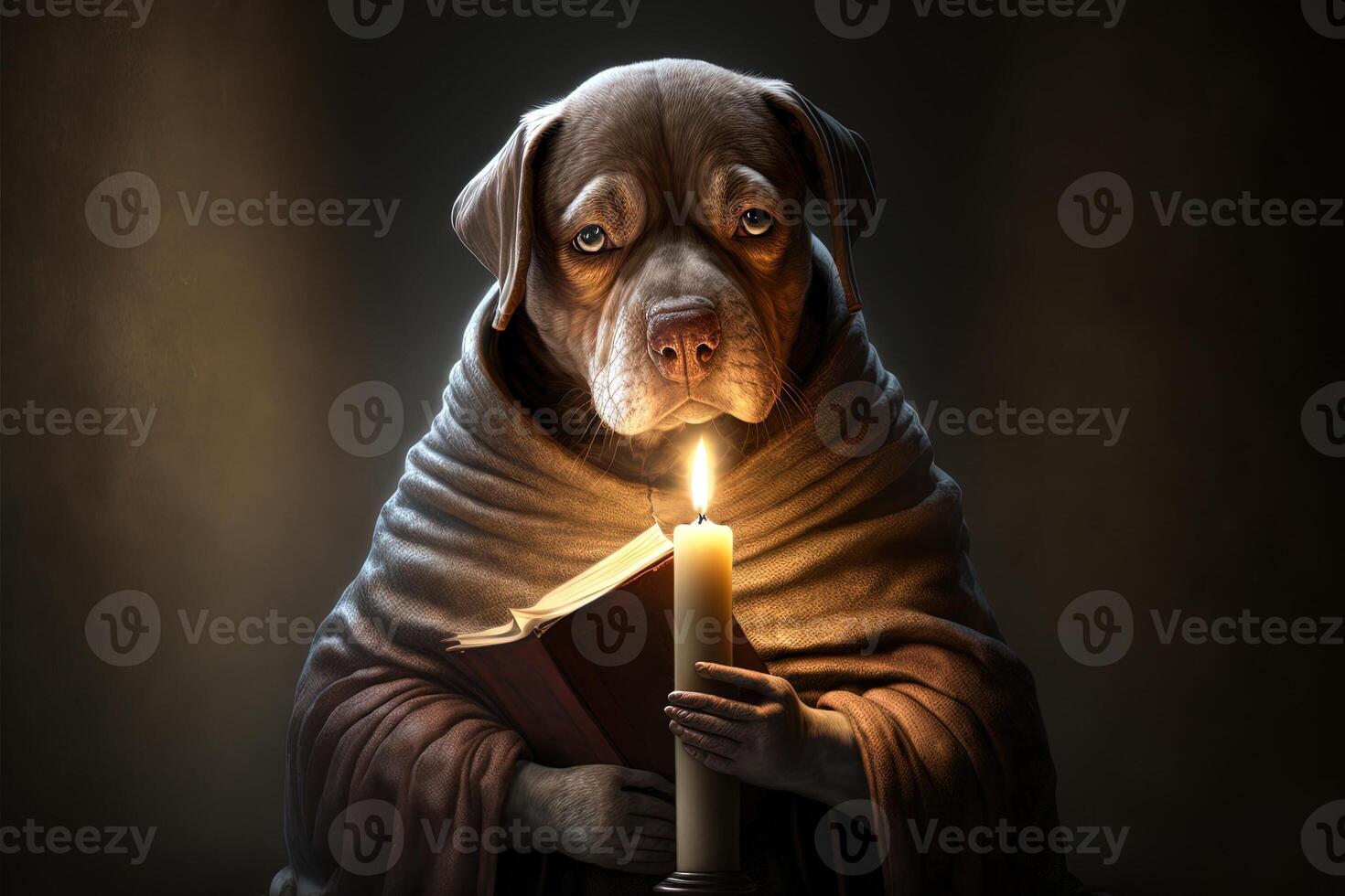 Dog as Medieval priest or monk cartoon character, with book and candle photo