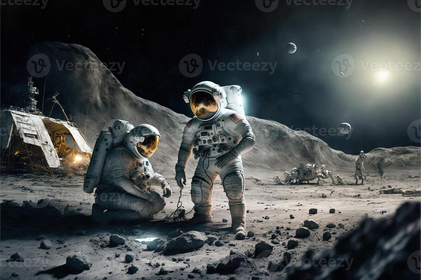 Man is back on the moon, astronaut in spacesuit walking on the moon Illustration photo