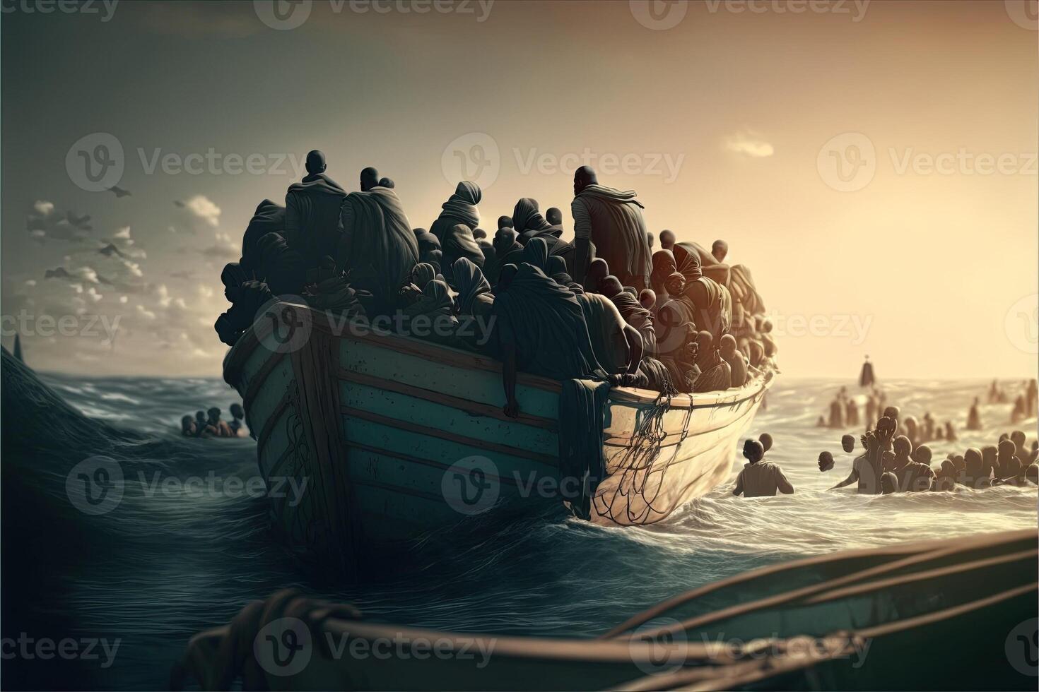 migrants on boat in mediterranean sea dramatic scene illustration photo