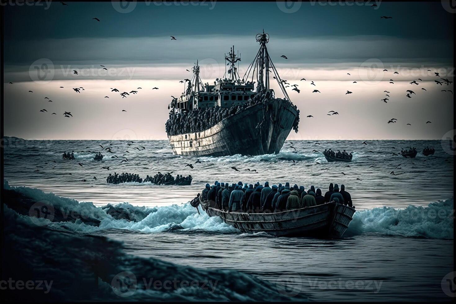 migrants on boat in mediterranean sea dramatic scene illustration photo