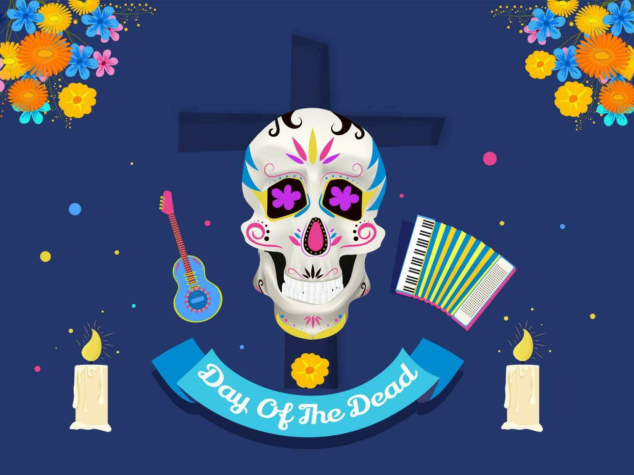 Illustration of ornate sugar skull with musical instrument, illuminated candles and flowers on blue cross background for Day of the dead banner or poster design. vector