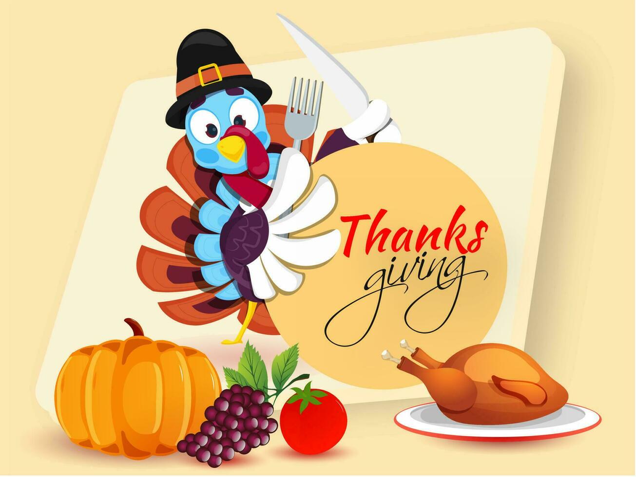 Illustration of turkey bird holding knife and fork, vegetable, fruit with chicken on plate for Thanksgiving celebration concept. vector