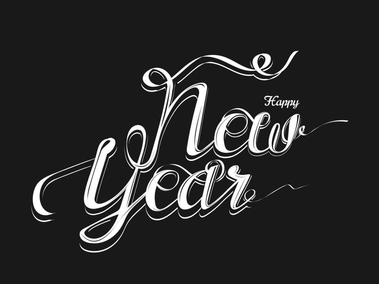 caligrafía de contento nuevo año en negro antecedentes lata ser usado como saludo tarjeta diseño. vector