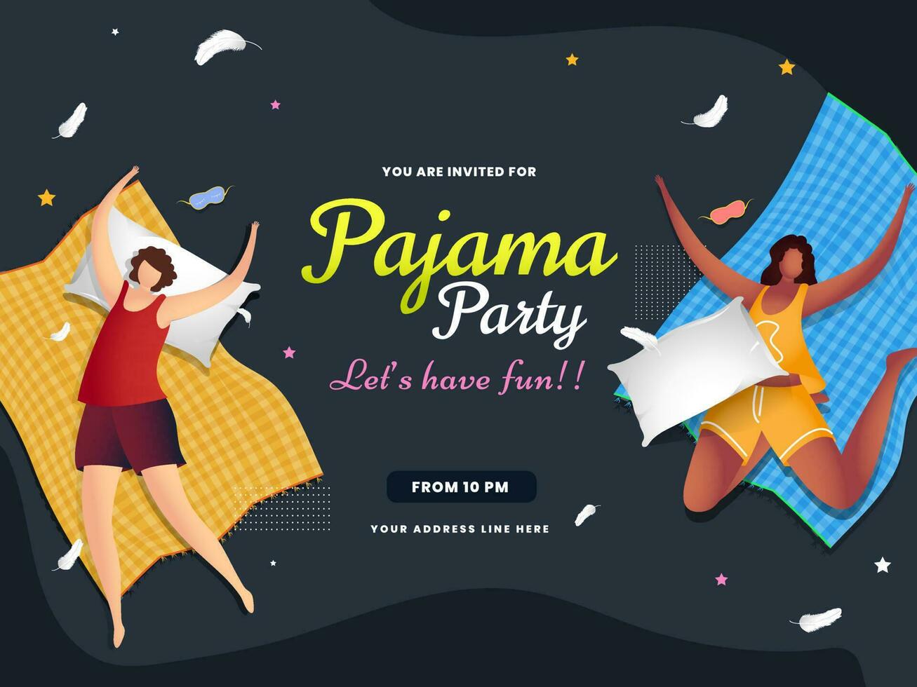 Women character lying down with bed sheet on grey abstract background for Pajama Party celebration banner or poster design. vector