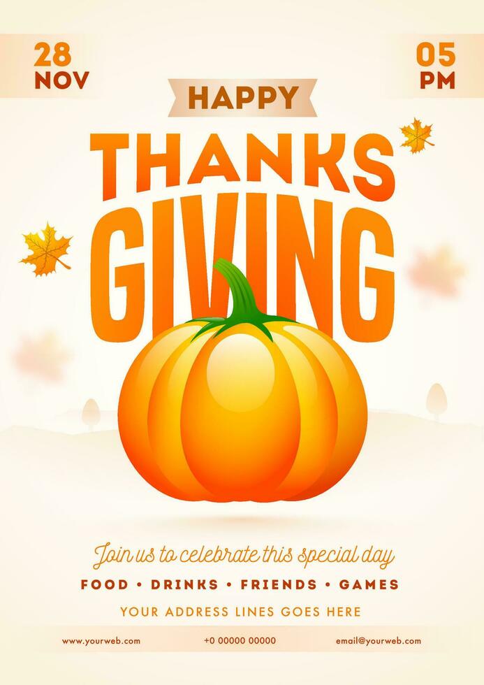 Advertising template or invitation card design with pumpkin and venue details for Happy Thanksgiving celebration. vector