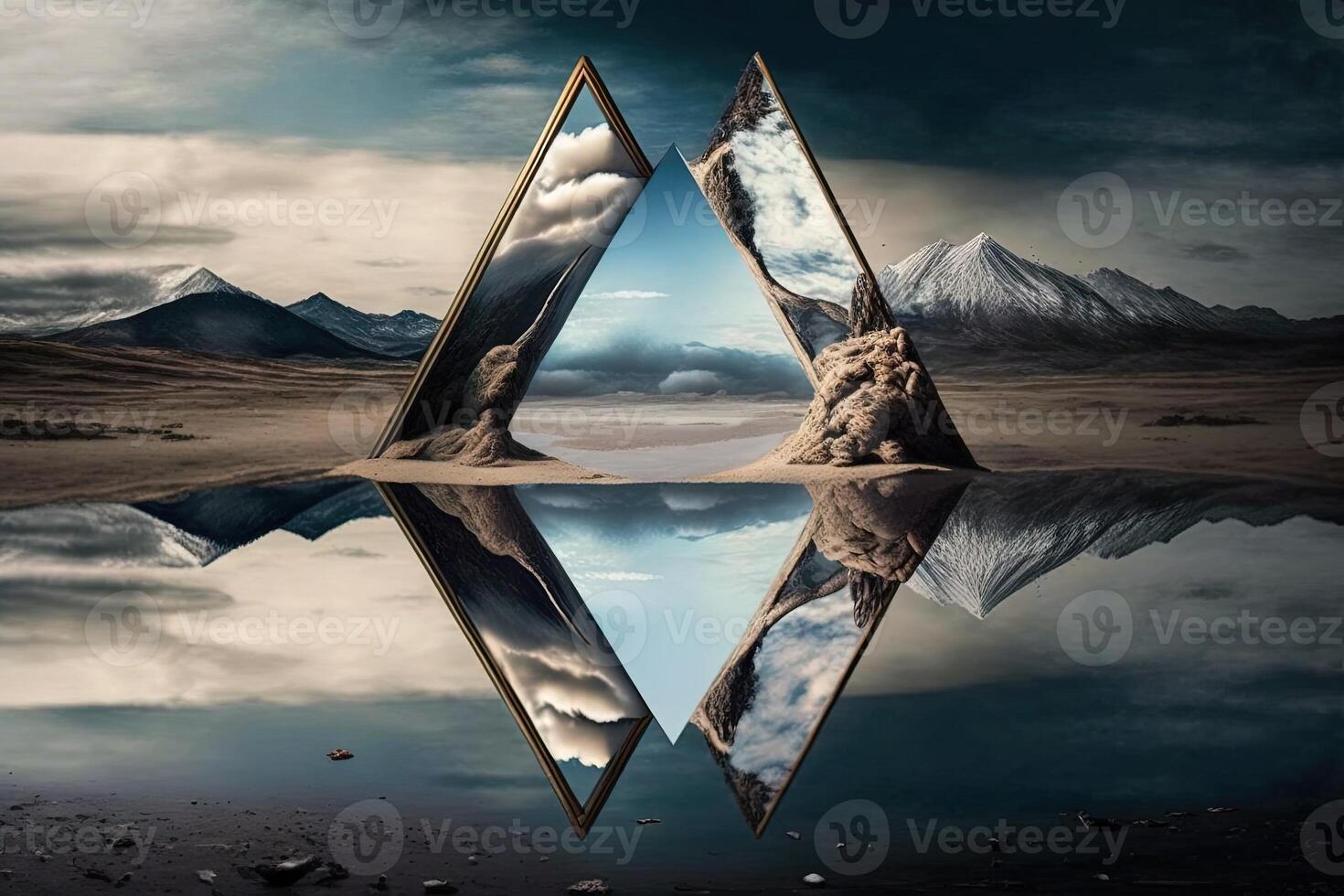 mirror surreal landscape with reflections of elements or inversions of each other, creating a mirror dimension that is both familiar and unfamiliar at the same time illustration photo