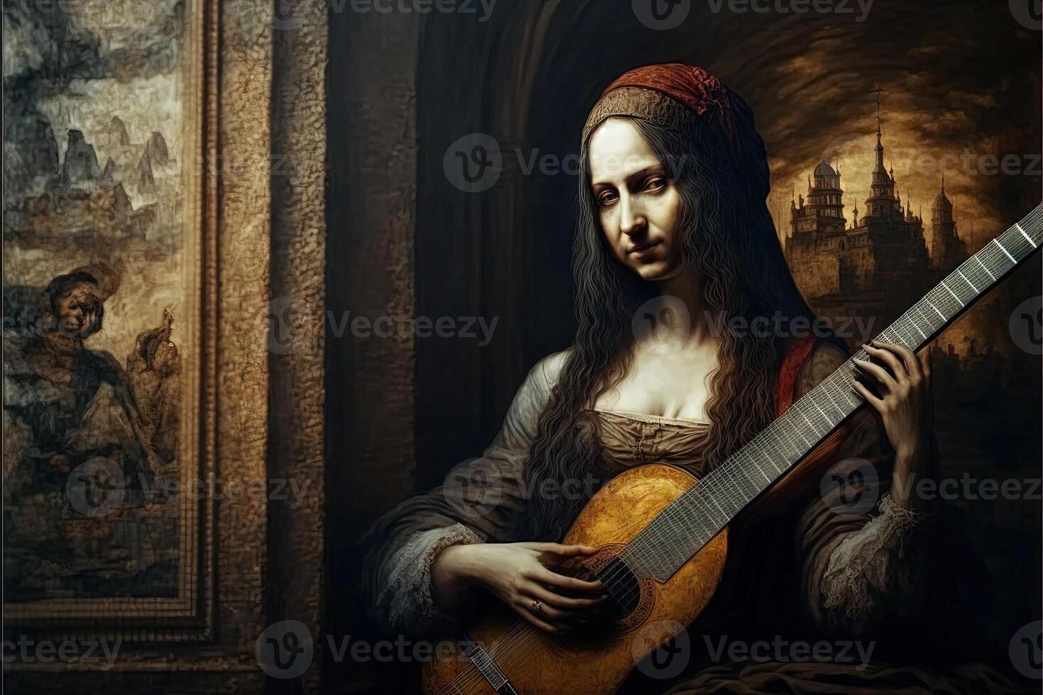 mona lisa playing guitar portrait illustration photo