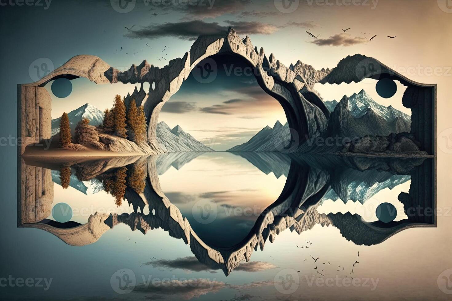 mirror surreal landscape with reflections of elements or inversions of each other, creating a mirror dimension that is both familiar and unfamiliar at the same time illustration photo