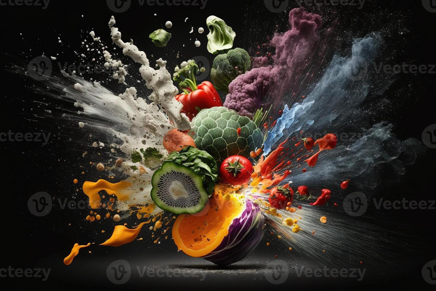 Fresh mixed vegetables exploding. Healthy eating concept. black background illustration photo