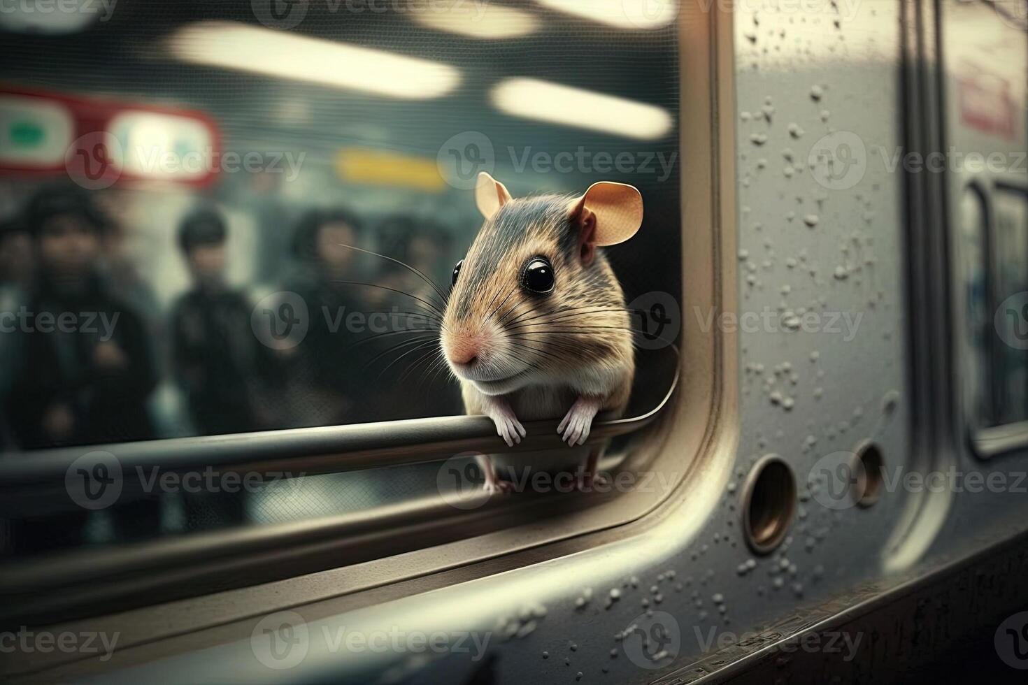 mouse animal on new york city subway underground metro train illustration photo