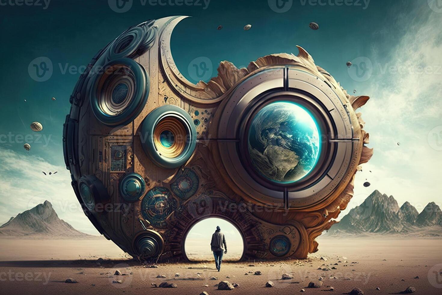 Astronaut in space suit cosmonaut exploring a new planet illustration photo