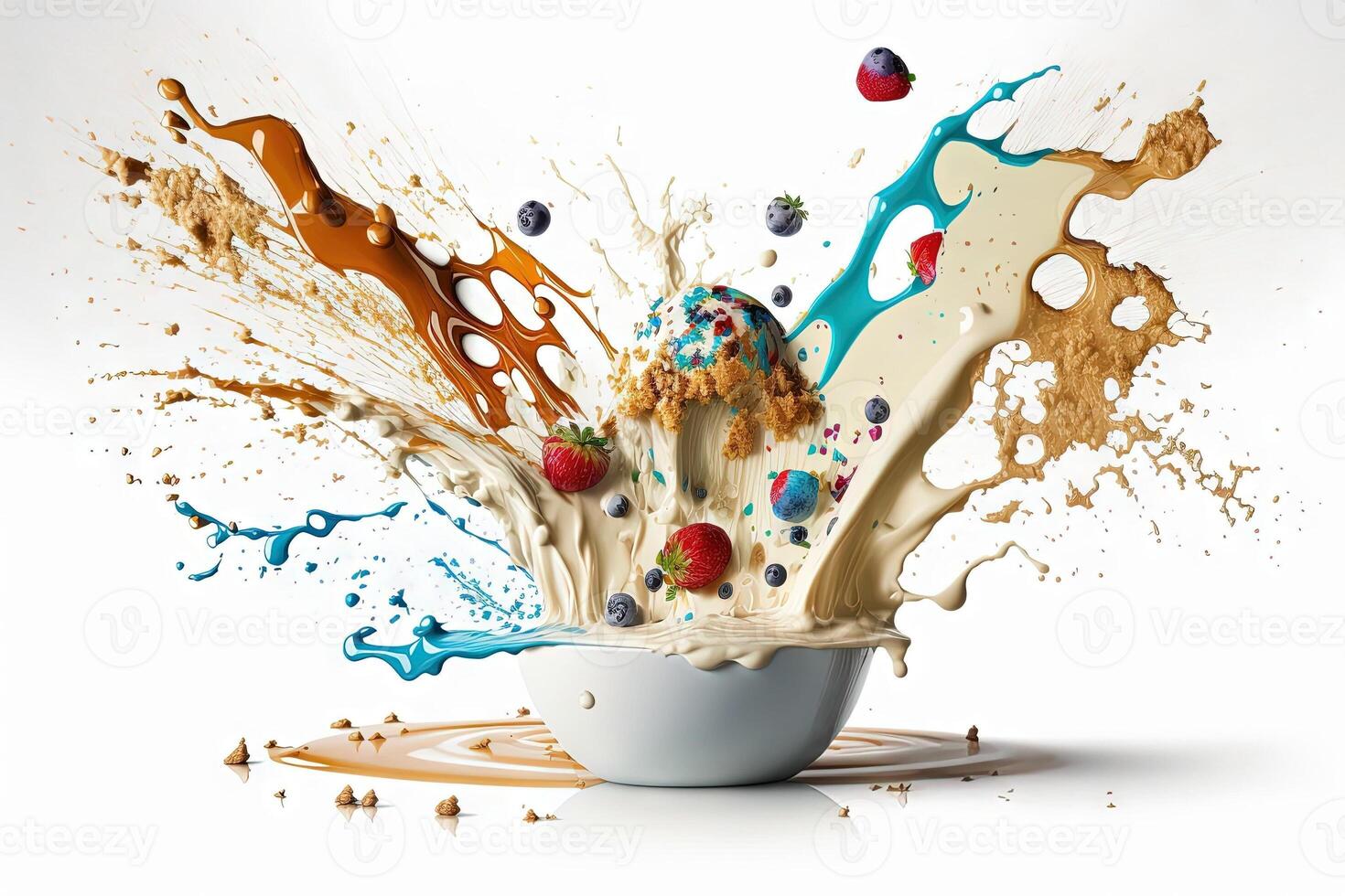 cereal fruit muesli healthy smoothie drops falling in glass. Healthy summer drink, berry milkshake or smoothie illustration photo