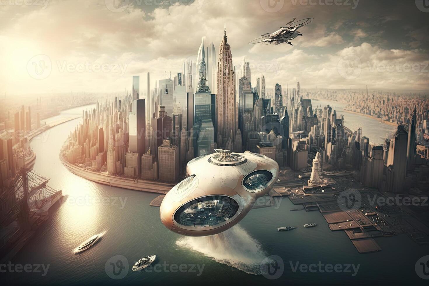 nuevo York ciudad de el futuro año 2100 con volador carros y nuevo rascacielos ilustración generativo ai foto